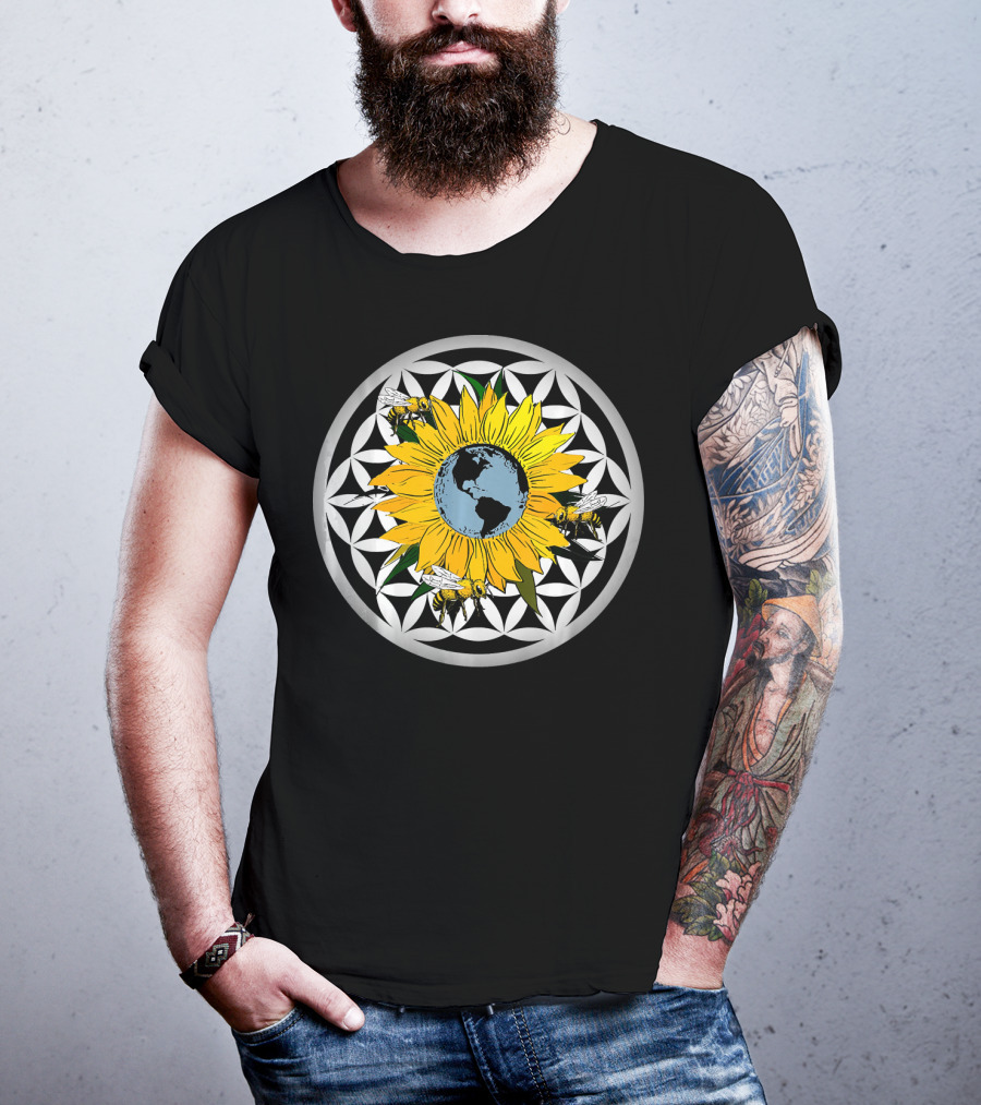 Sunflower Earth With Flower Of Life And Bees T-Shirt
