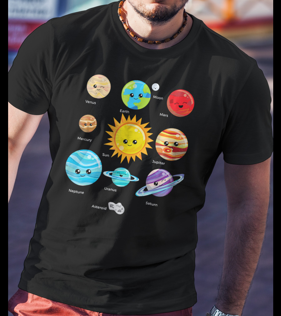 Solar System Planets Earth Moon Sun Venus Mars Mercury Jupiter Neptune Uranus Saturn Asteroid Cartoon T-Shirt