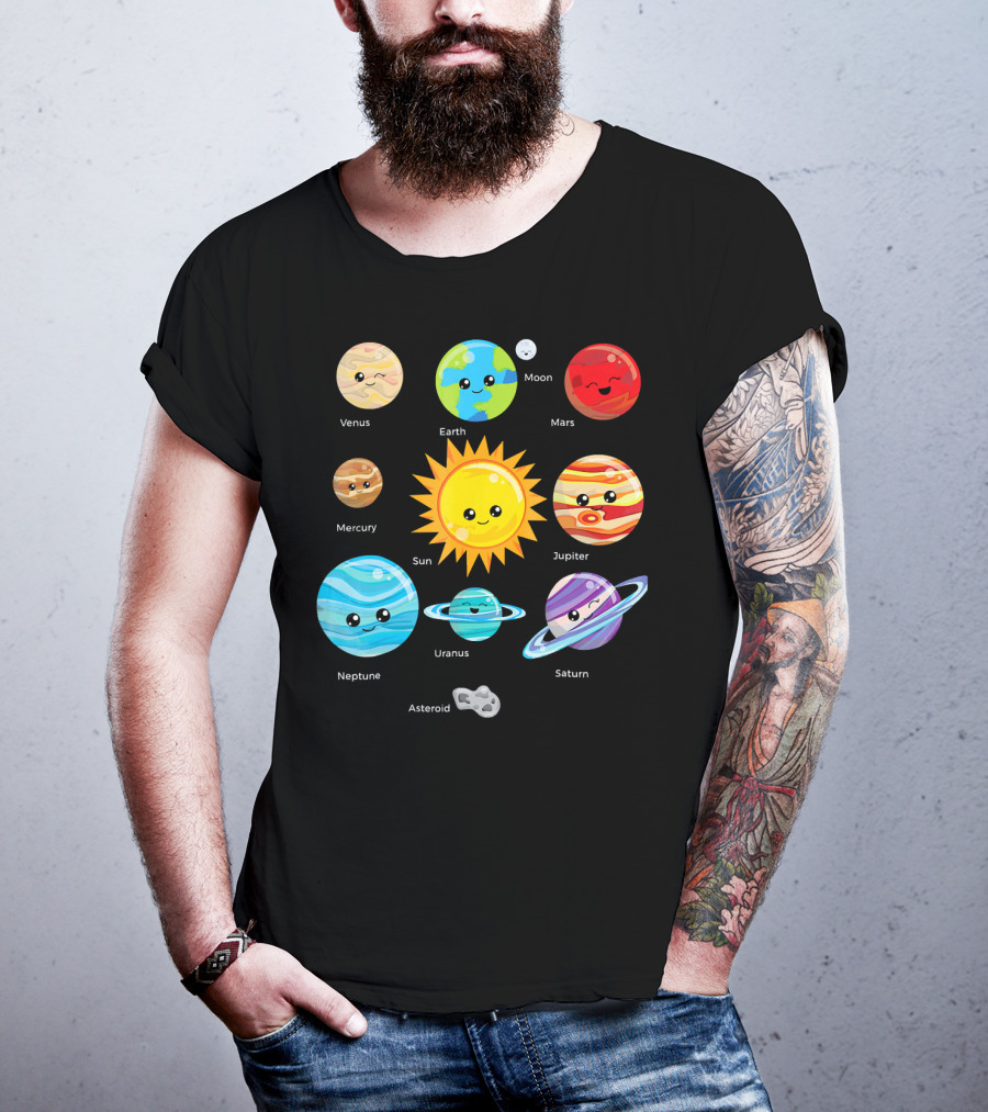 Solar System Planets Earth Moon Sun Venus Mars Mercury Jupiter Neptune Uranus Saturn Asteroid Cartoon T-Shirt