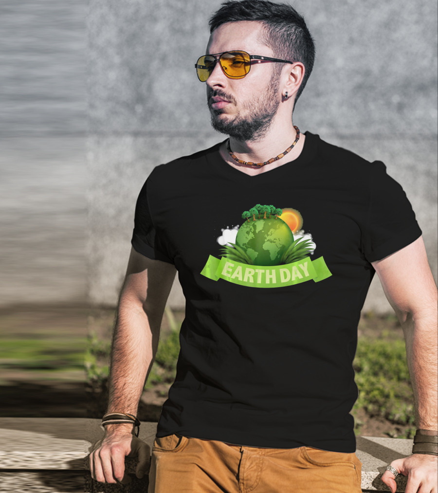 Happy Earth Day Globe With Green Banner And Sun T-Shirt