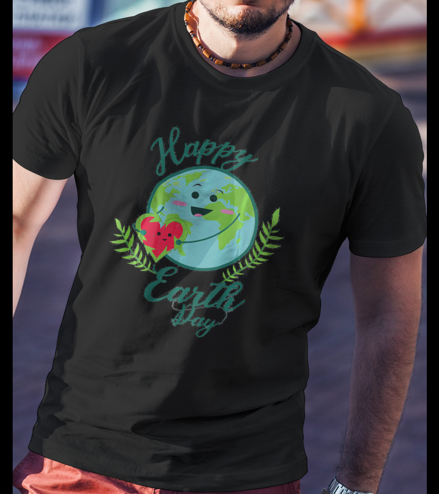 Happy Earth Day Smiling Planet With Heart And Leaves T-Shirt