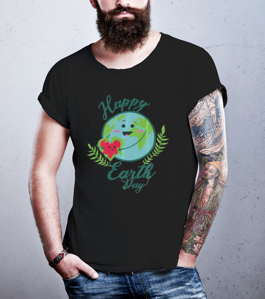 Happy Earth Day Smiling Planet With Heart And Leaves T-Shirt