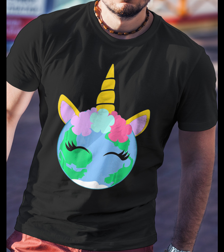 Unicorn Earth Cute Unicorn Face Earth With Flowers And Horn T-Shirt