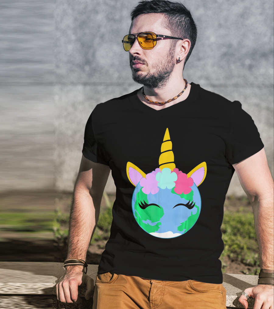 Unicorn Earth Cute Unicorn Face Earth With Flowers And Horn T-Shirt