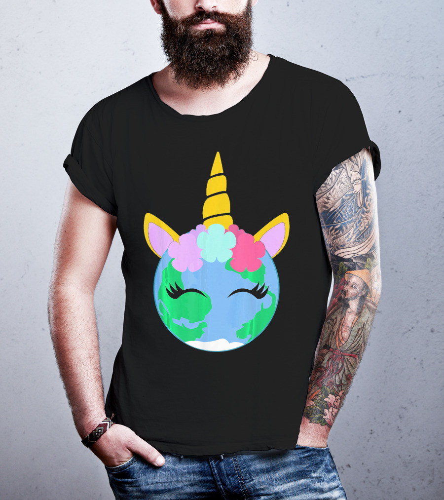 Unicorn Earth Cute Unicorn Face Earth With Flowers And Horn T-Shirt