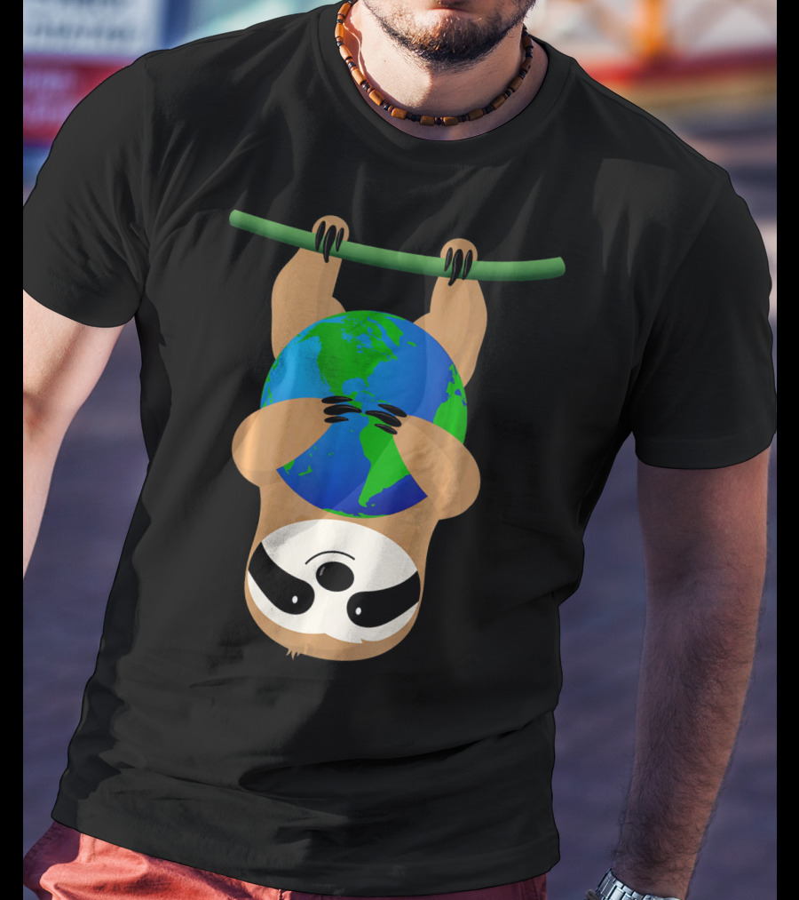 Earth Day Love The Earth Hanging Sloth Hugging Globe T-Shirt