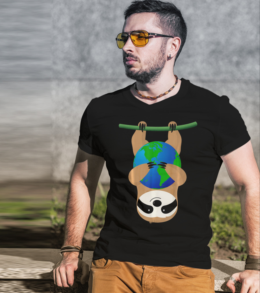 Earth Day Love The Earth Hanging Sloth Hugging Globe T-Shirt