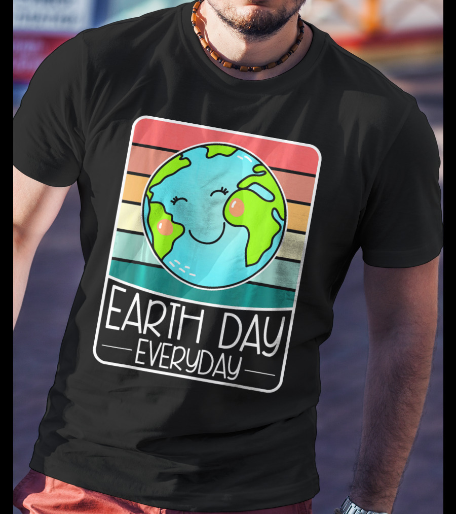 Earth Day Everyday Smiling Earth On Retro Stripes T-Shirt