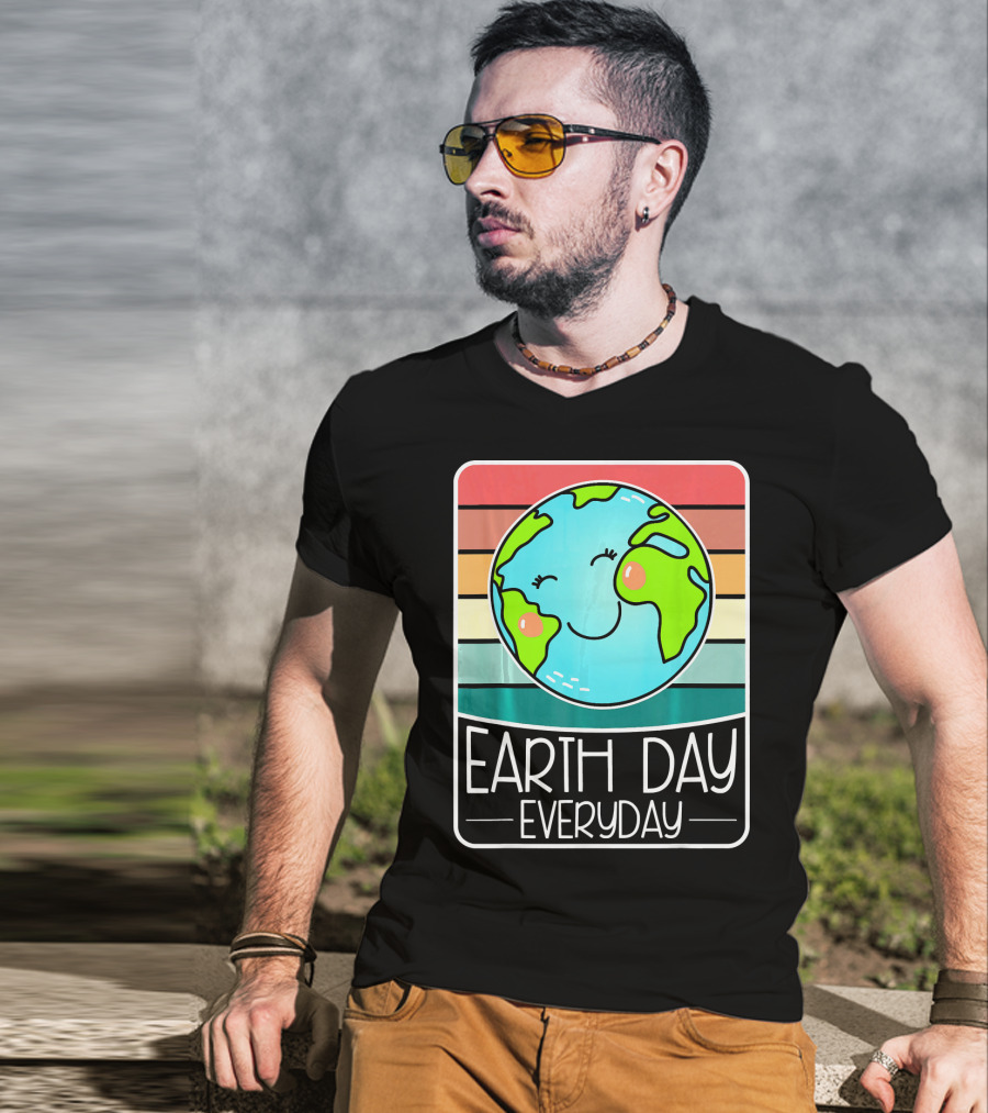 Earth Day Everyday Smiling Earth On Retro Stripes T-Shirt