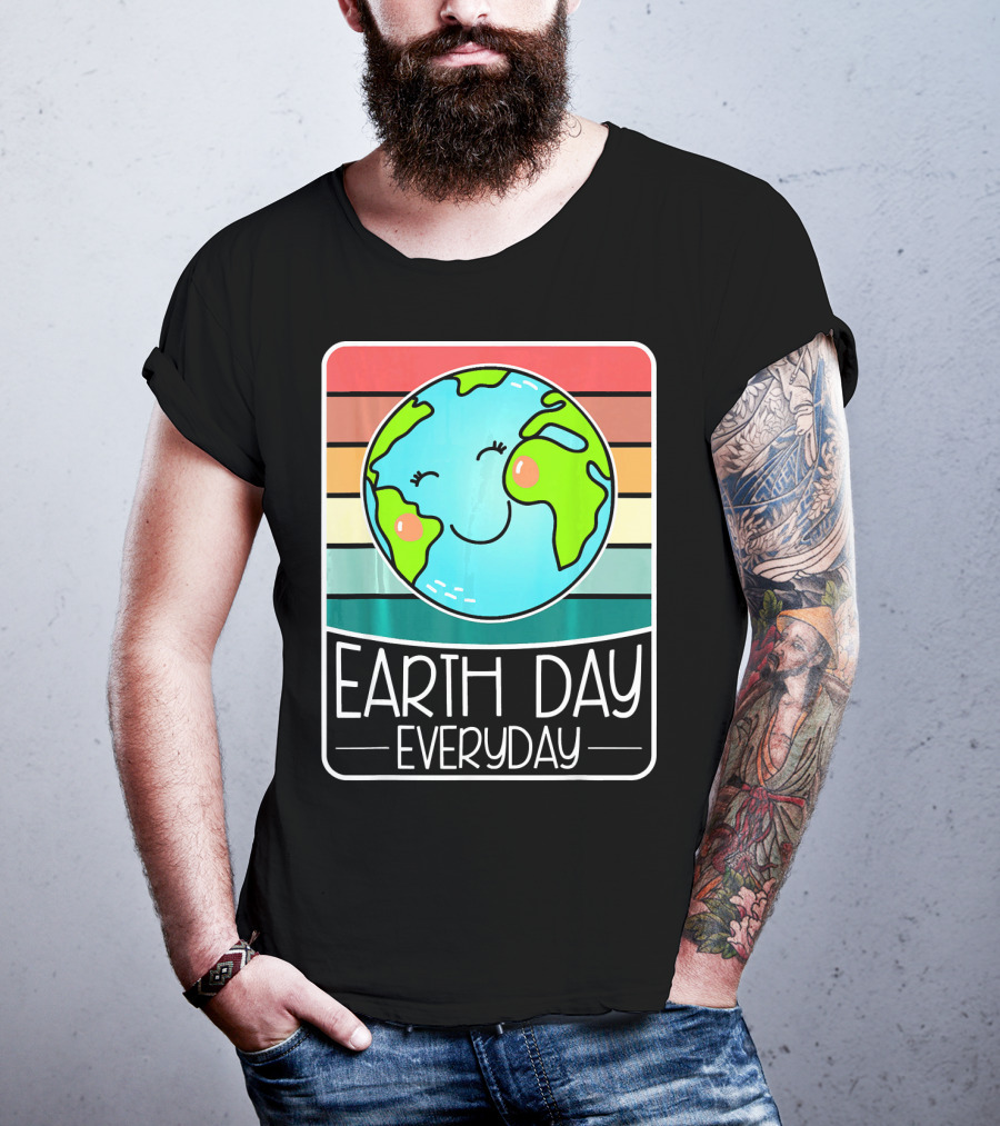 Earth Day Everyday Smiling Earth On Retro Stripes T-Shirt