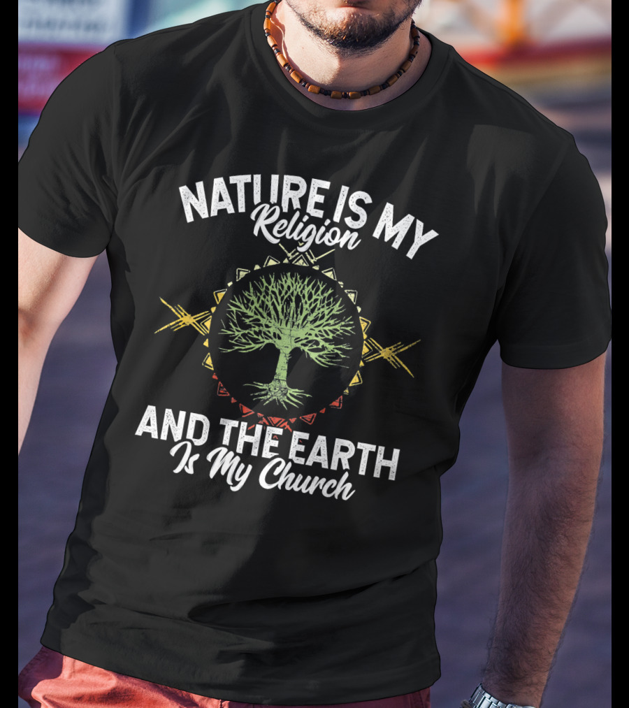 Nature Is My Religion And The Earth Is My Church Tree Silhouette On Mandala T-Shirt