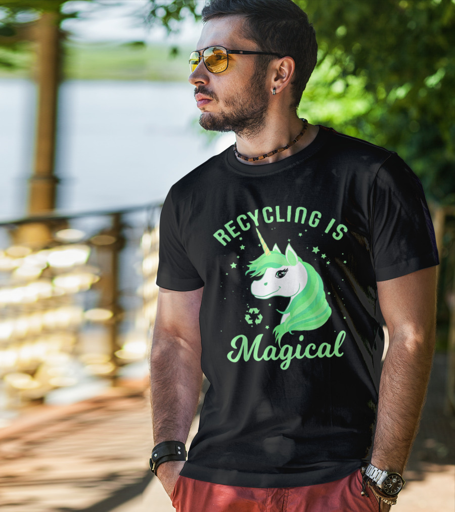 Recycling Is Magical Unicorn Earth Day Green T-Shirt