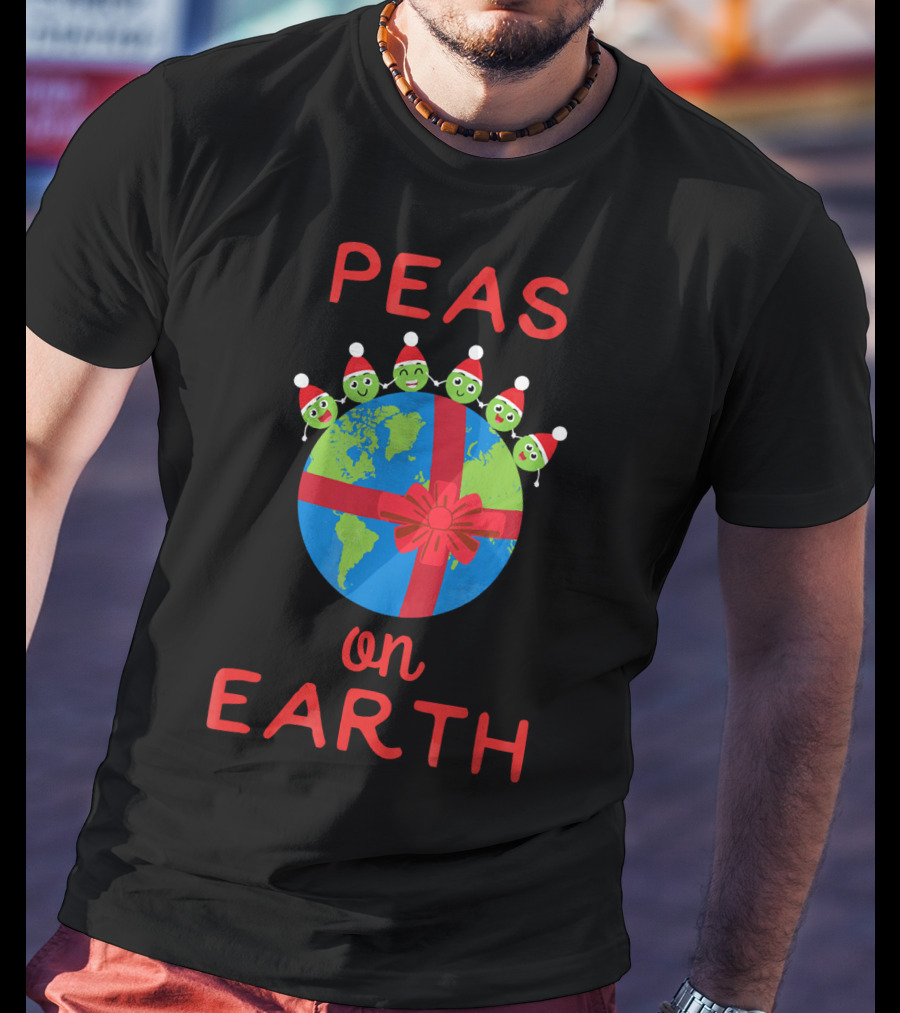 Peas On Earth World Peace Vegetables Santa Hat Planet Gift Bow T-Shirt