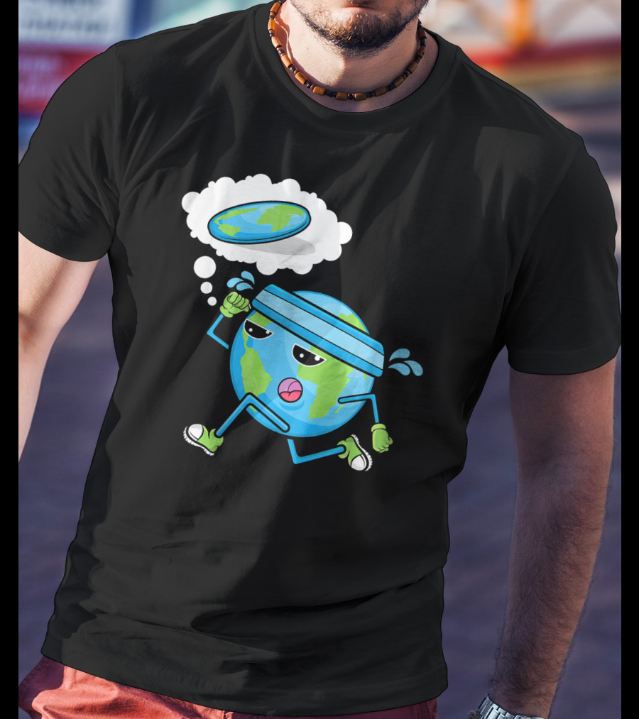 Flat Earth Gym Runner Cartoon With Sweatband And Sneakers T-Shirt