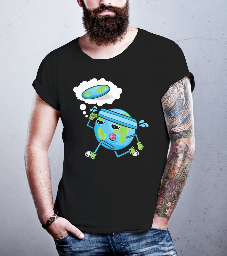 Flat Earth Gym Runner Cartoon With Sweatband And Sneakers T-Shirt
