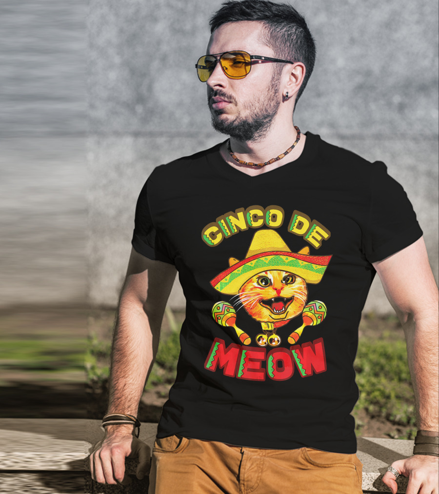 Cinco De Meow Cat With Sombrero And Maracas Fiesta T-Shirt