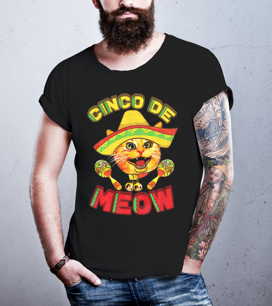 Cinco De Meow Cat With Sombrero And Maracas Fiesta T-Shirt