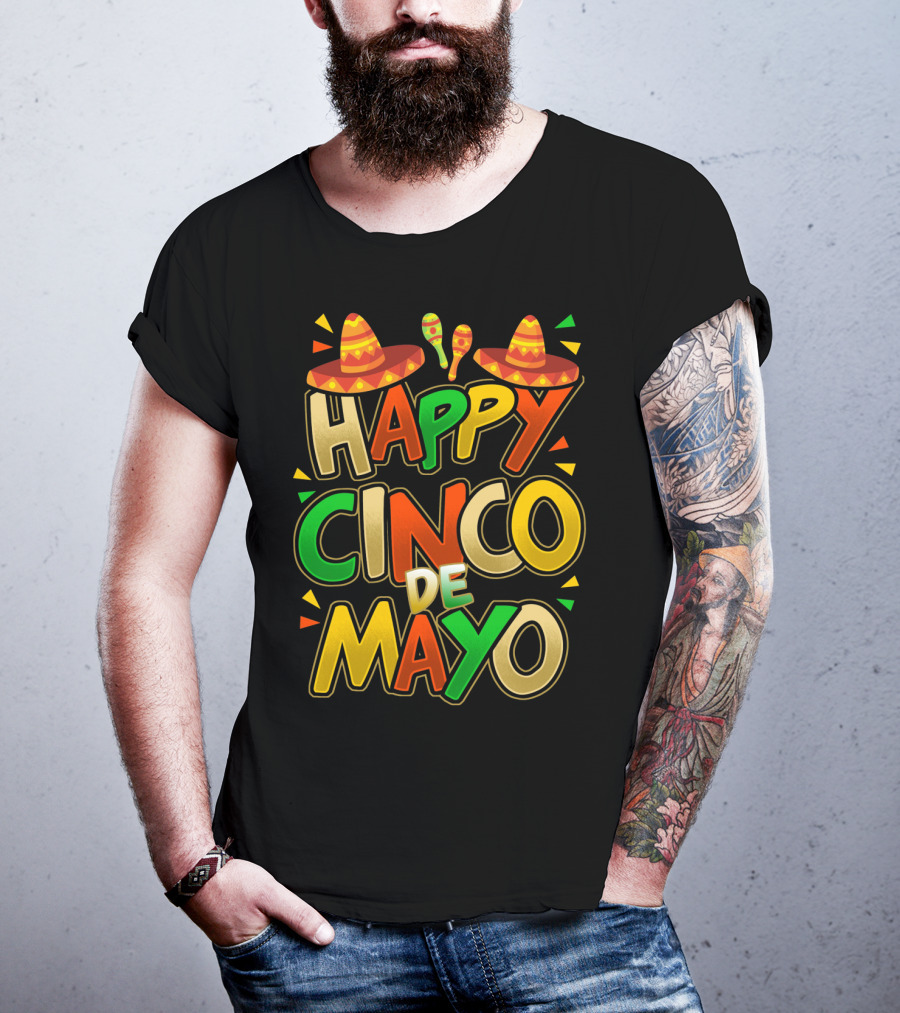 Happy Cinco De Mayo Fiesta Celebration Mexican Sombrero And Maracas T-Shirt