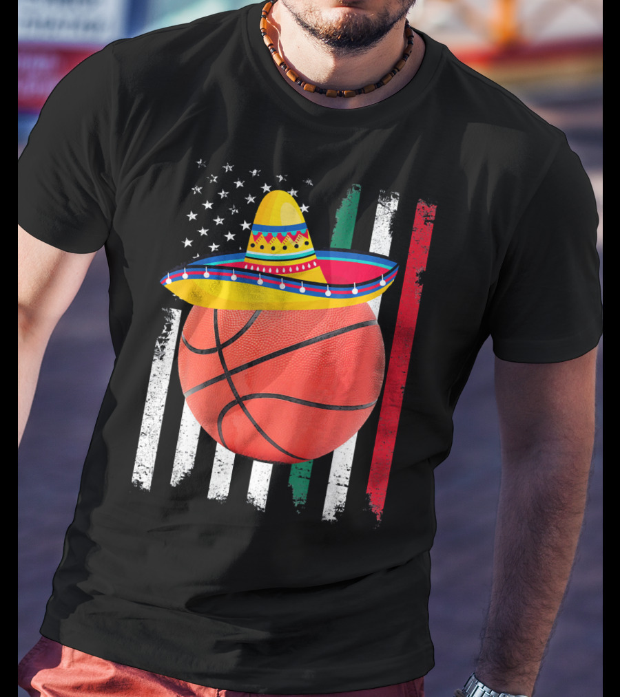 Cinco De Mayo Basketball Sombrero USA Mexico Flag T-Shirt