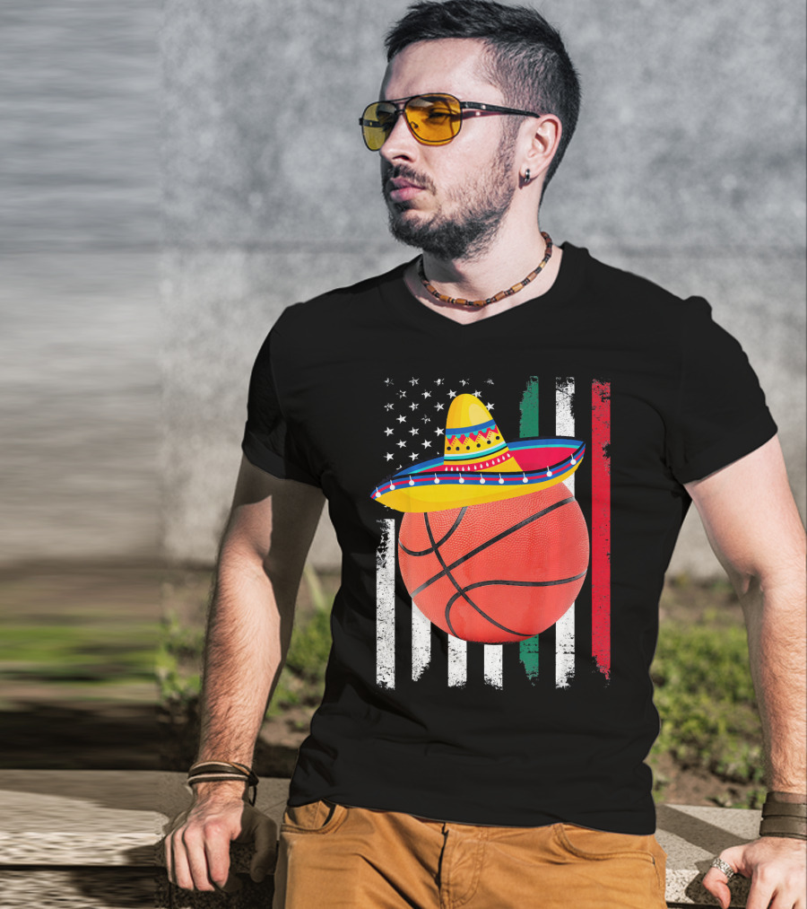 Cinco De Mayo Basketball Sombrero USA Mexico Flag T-Shirt