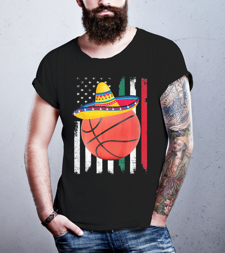 Cinco De Mayo Basketball Sombrero USA Mexico Flag T-Shirt