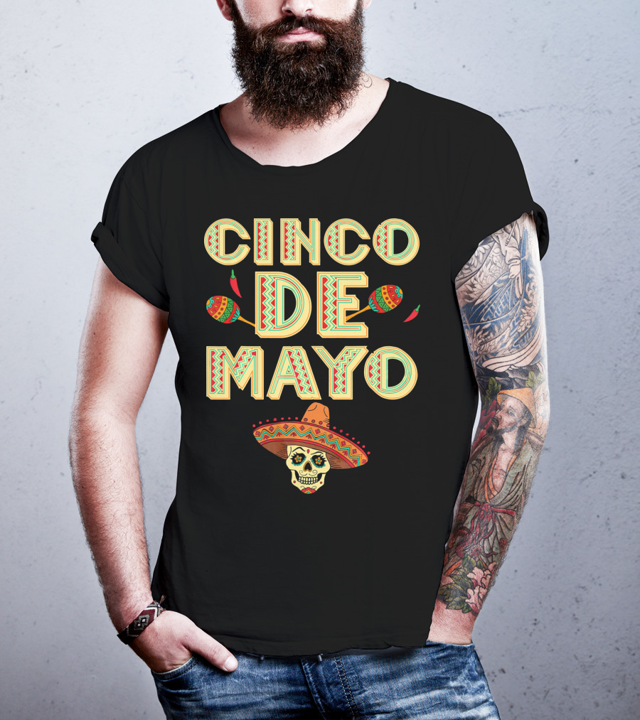 Cinco De Mayo Fiesta Skull Sombrero And Maracas T-Shirt