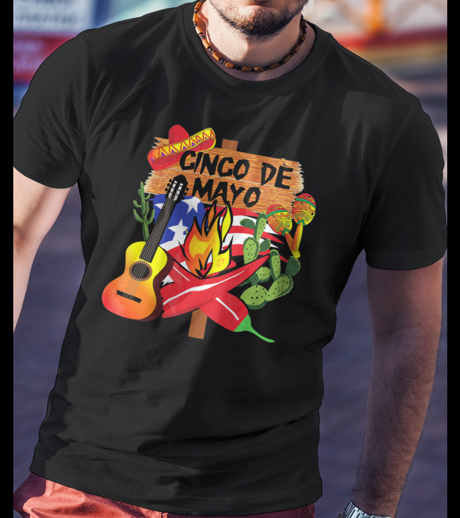 Cinco De Mayo America Loves Mexico With Sombrero Guitar Peppers Cactus And Maracas T-Shirt
