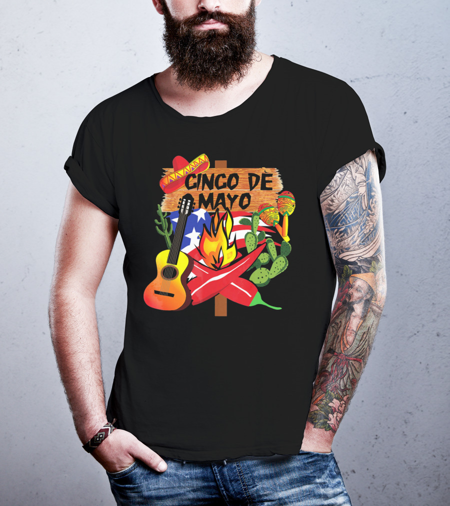 Cinco De Mayo America Loves Mexico With Sombrero Guitar Peppers Cactus And Maracas T-Shirt