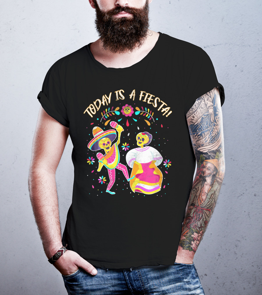 Today Is A Fiesta Cute Sugar Skull Dancing Mariachi And Celebrating Skeleton T-Shirt