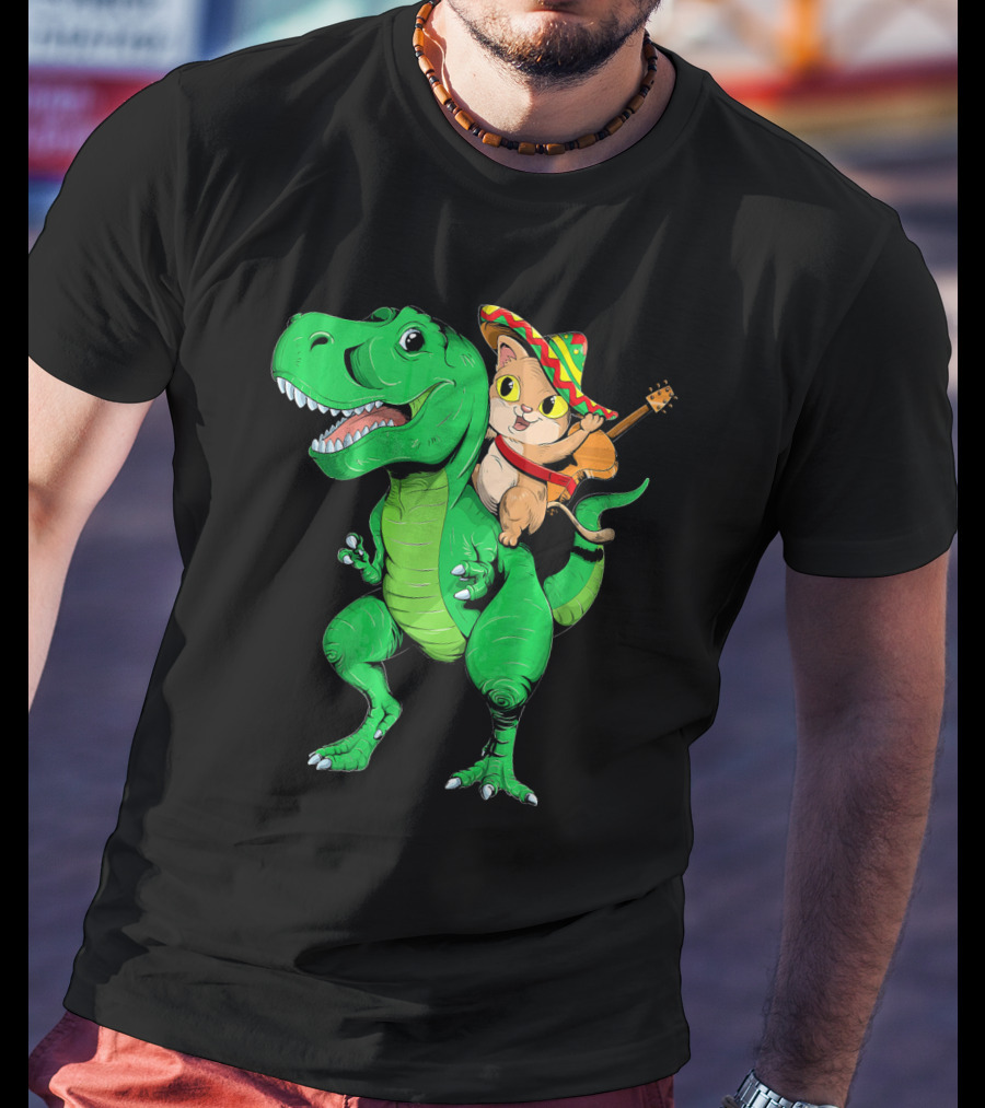 Cinco De Mayo Cat With Sombrero Riding T-Rex T-Shirt