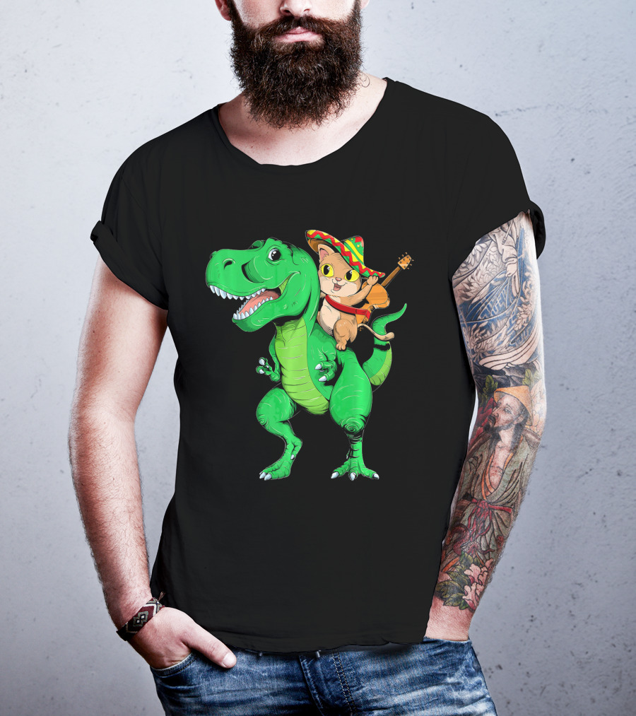 Cinco De Mayo Cat With Sombrero Riding T-Rex T-Shirt
