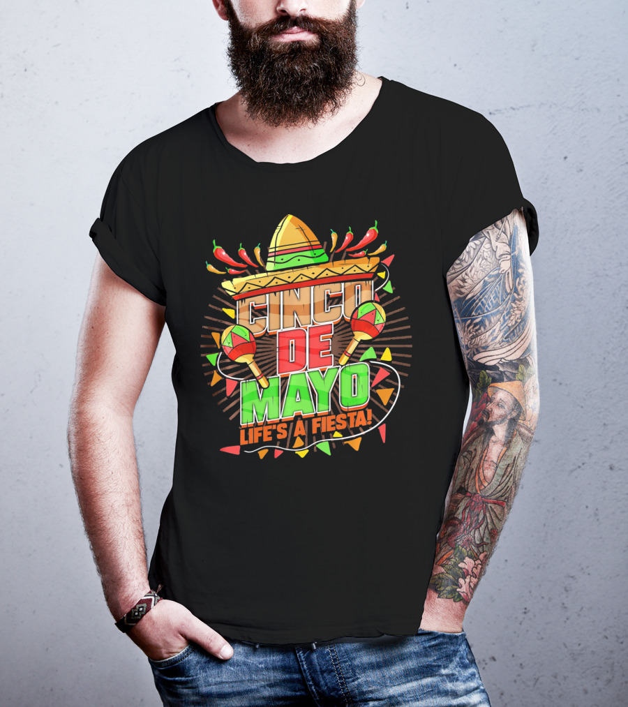 Cinco De Mayo Life's A Fiesta Sombrero Maracas Chili Peppers T-Shirt