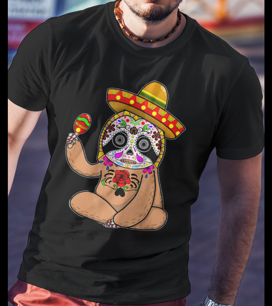 Cinco De Mayo Sloth Day Of The Dead Sombrero Maracas T-Shirt