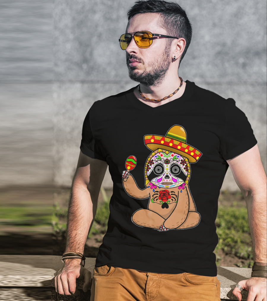 Cinco De Mayo Sloth Day Of The Dead Sombrero Maracas T-Shirt