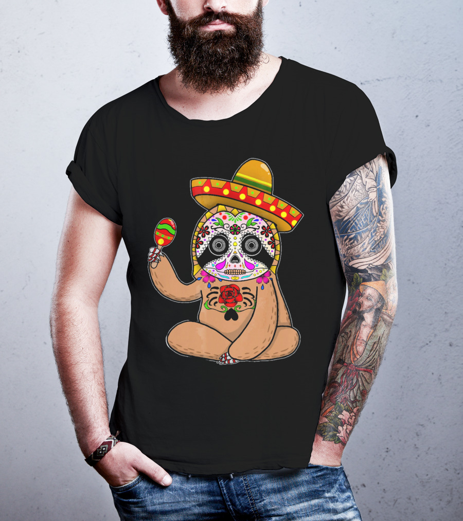 Cinco De Mayo Sloth Day Of The Dead Sombrero Maracas T-Shirt