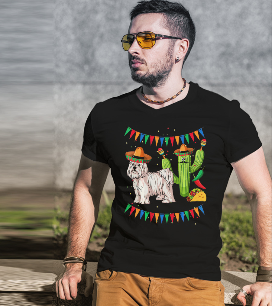 Maltese Dog Sombrero Mexico Cinco De Mayo Cactus Taco Fiesta T-Shirt