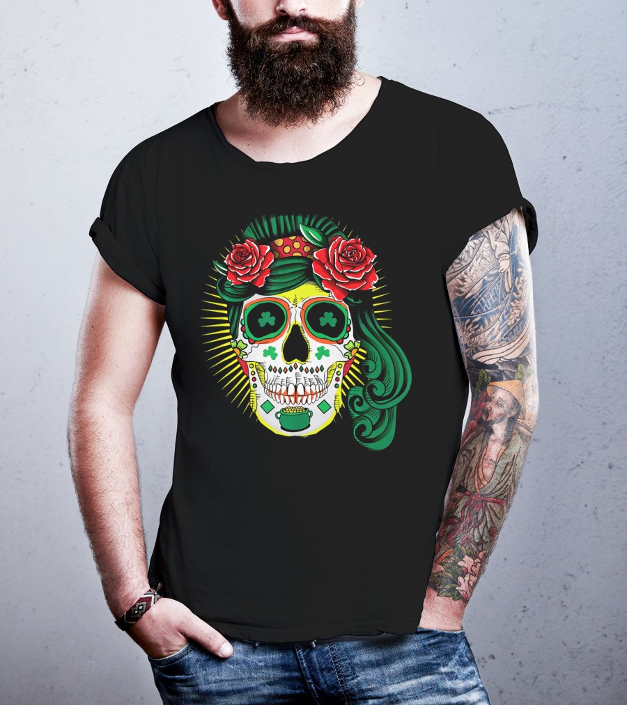 Cinco De Mayo St Patricks Day Shamrock Skull Roses T-Shirt