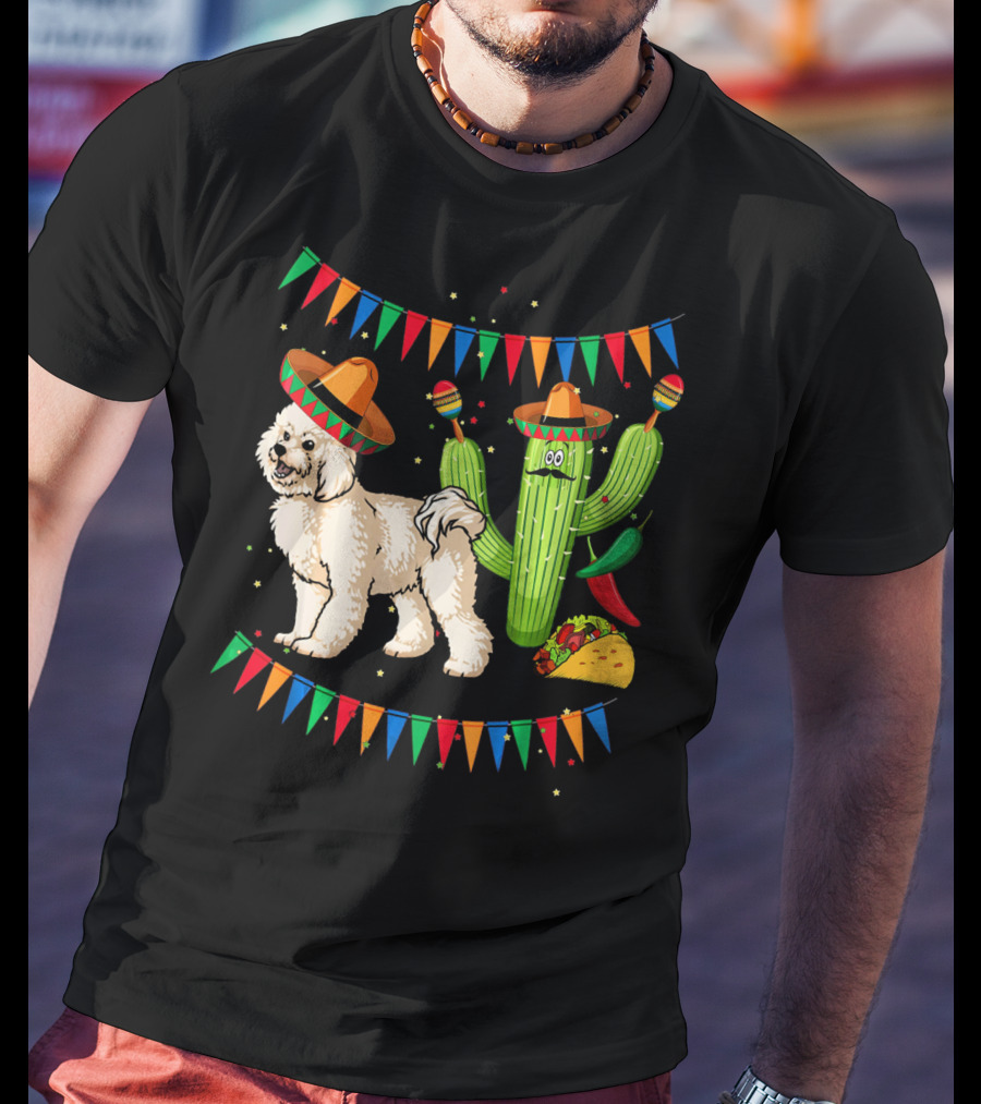 Sombrero Bichon Frise Dog And Cactus With Maracas Mexico Cinco Fiesta T-Shirt