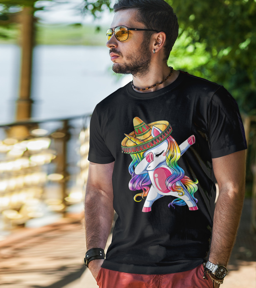 Dabbing Rainbow Unicorn With Sombrero Funny Cinco De Mayo T-Shirt