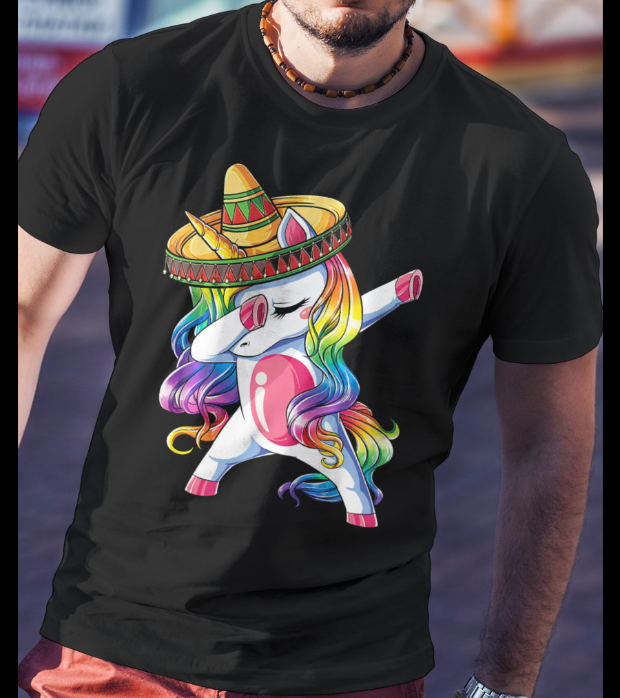 Dabbing Rainbow Unicorn With Sombrero Funny Cinco De Mayo T-Shirt