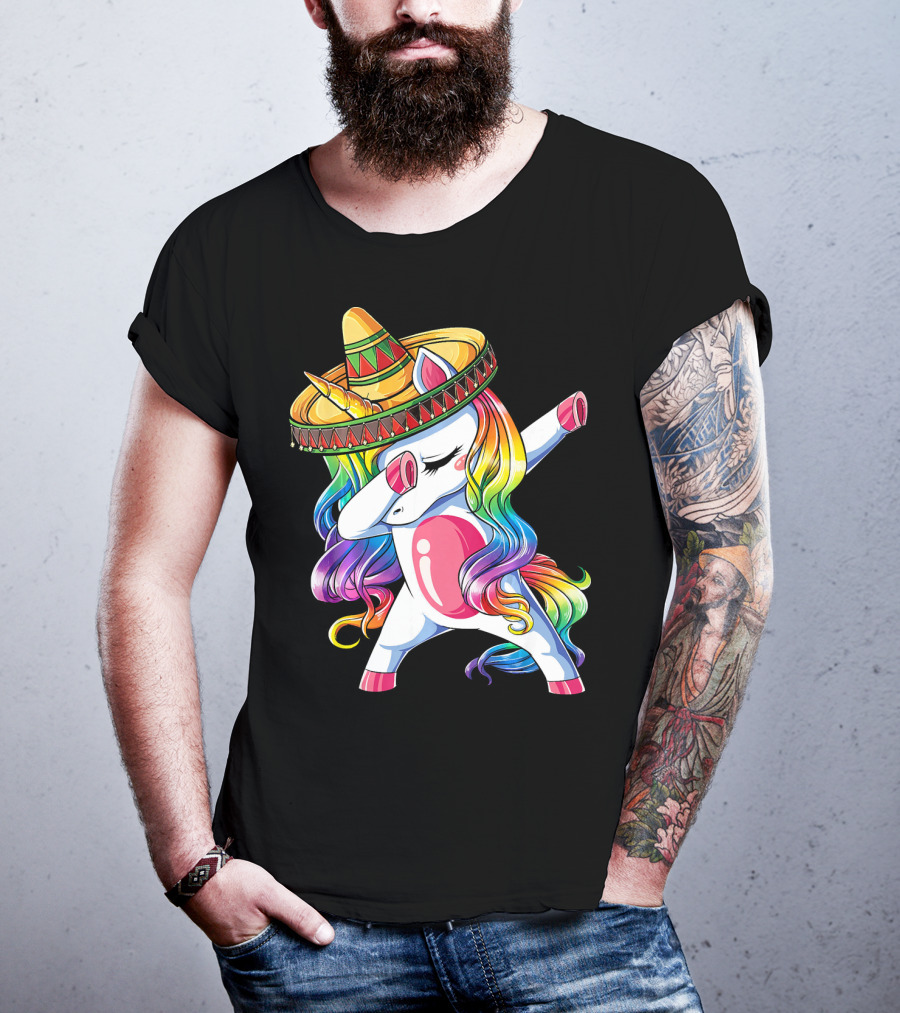 Dabbing Rainbow Unicorn With Sombrero Funny Cinco De Mayo T-Shirt