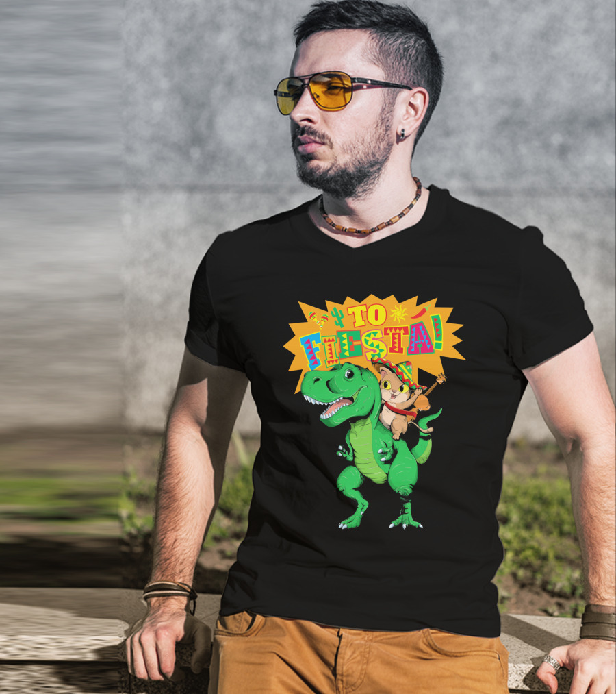 Cinco De Mayo Fiesta Cat Riding Dinosaur T-Shirt