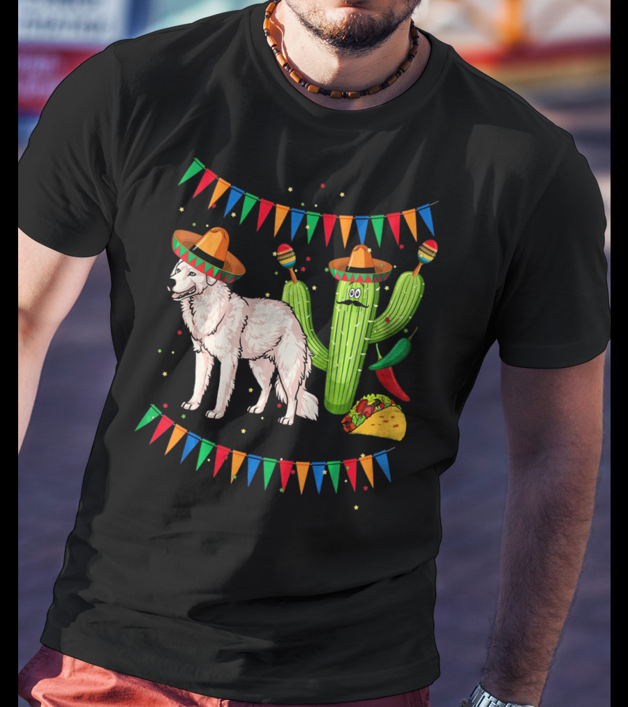 Sombrero Kuvasz Dog Mexican Fiesta With Cactus And Taco Cinco De Mayo T-Shirt