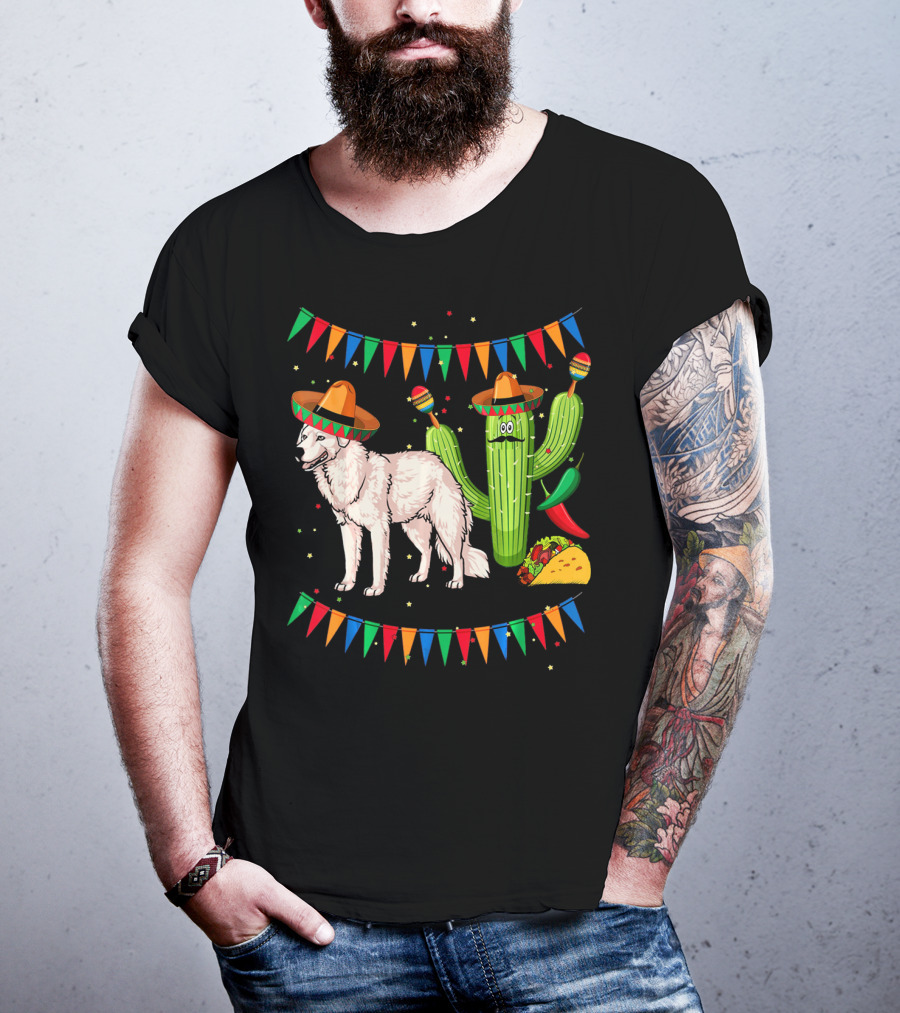 Sombrero Kuvasz Dog Mexican Fiesta With Cactus And Taco Cinco De Mayo T-Shirt