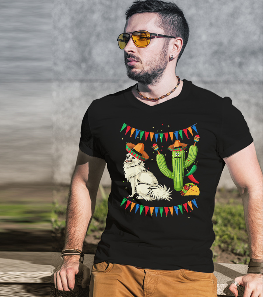 Sombrero American Eskimo Dog Mexico Cactus Fiesta Taco Peppers T-Shirt
