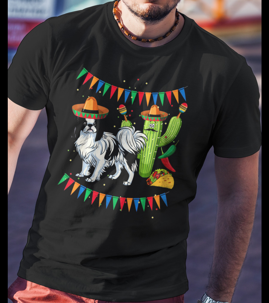 Sombrero Japanese Chin Dog With Cactus And Taco Celebration Mexico Cinco T-Shirt