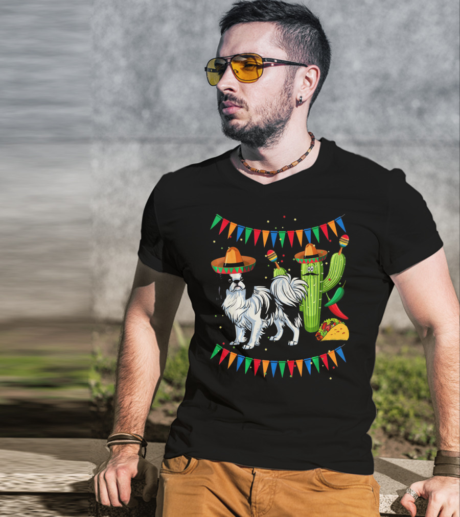 Sombrero Japanese Chin Dog With Cactus And Taco Celebration Mexico Cinco T-Shirt