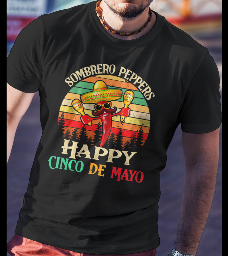 Sombrero Peppers Happy Cinco De Mayo Vintage Sunset T-Shirt