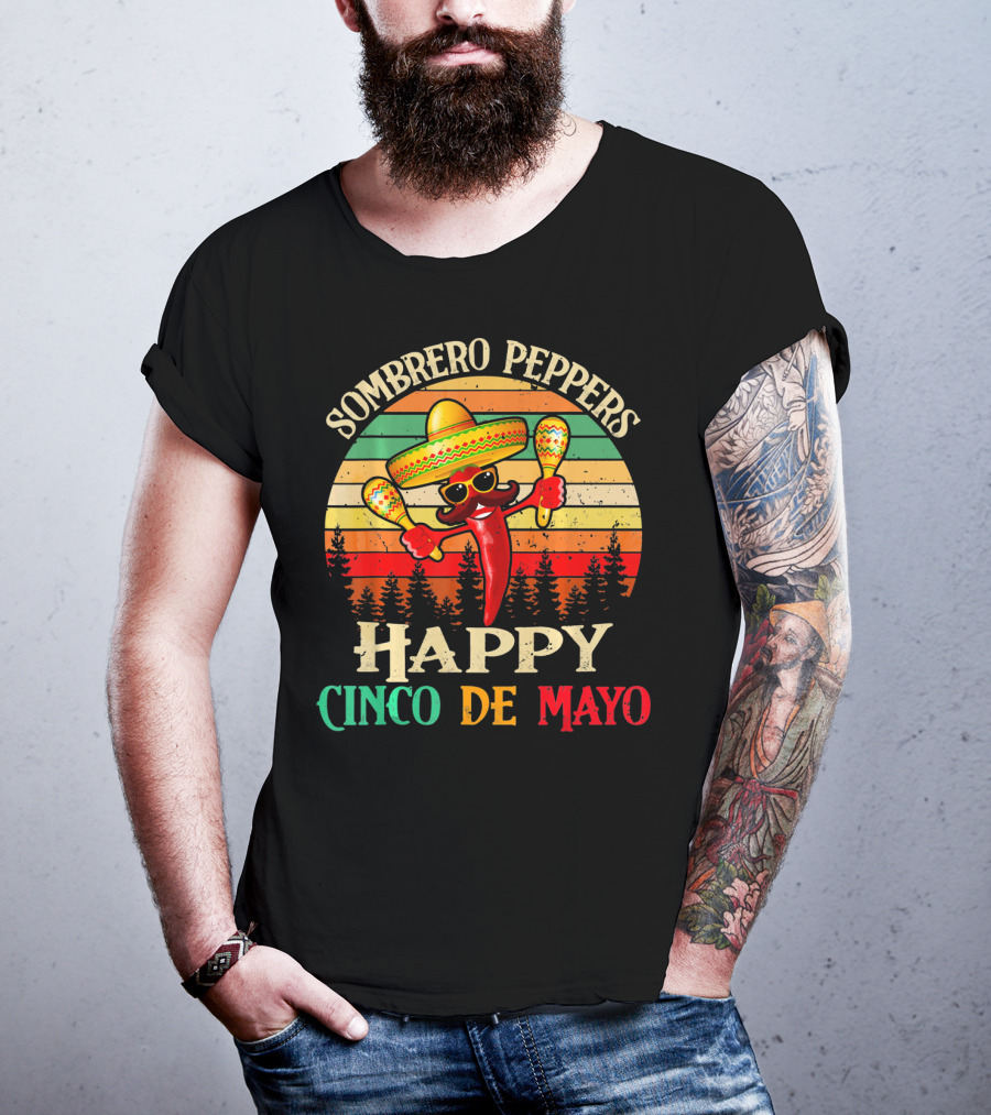 Sombrero Peppers Happy Cinco De Mayo Vintage Sunset T-Shirt