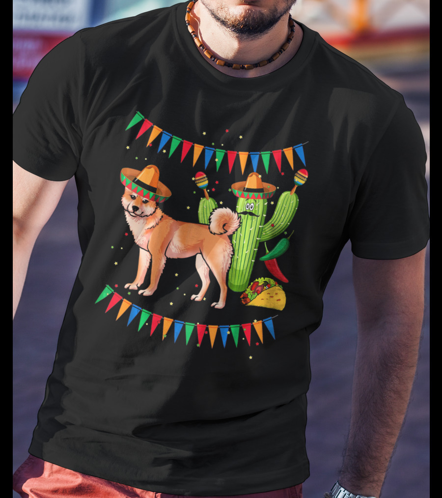 Sombrero Shiba Inu Dog Mexico Cinco De Mayo Celebration With Cactus And Taco T-Shirt